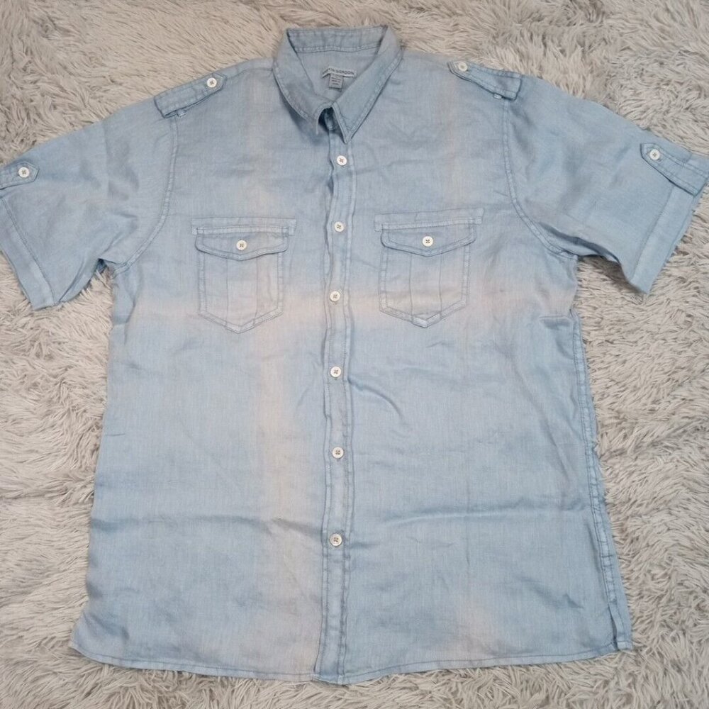 Martin Gordon Mens‎ Shirt Blue L Linen Button Up Pockets Casual Comfort
